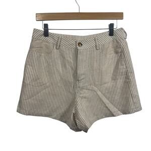Elle Grey Short Women M White Tan Stripe Linen Blend Pocket Coastal Quite Luxury